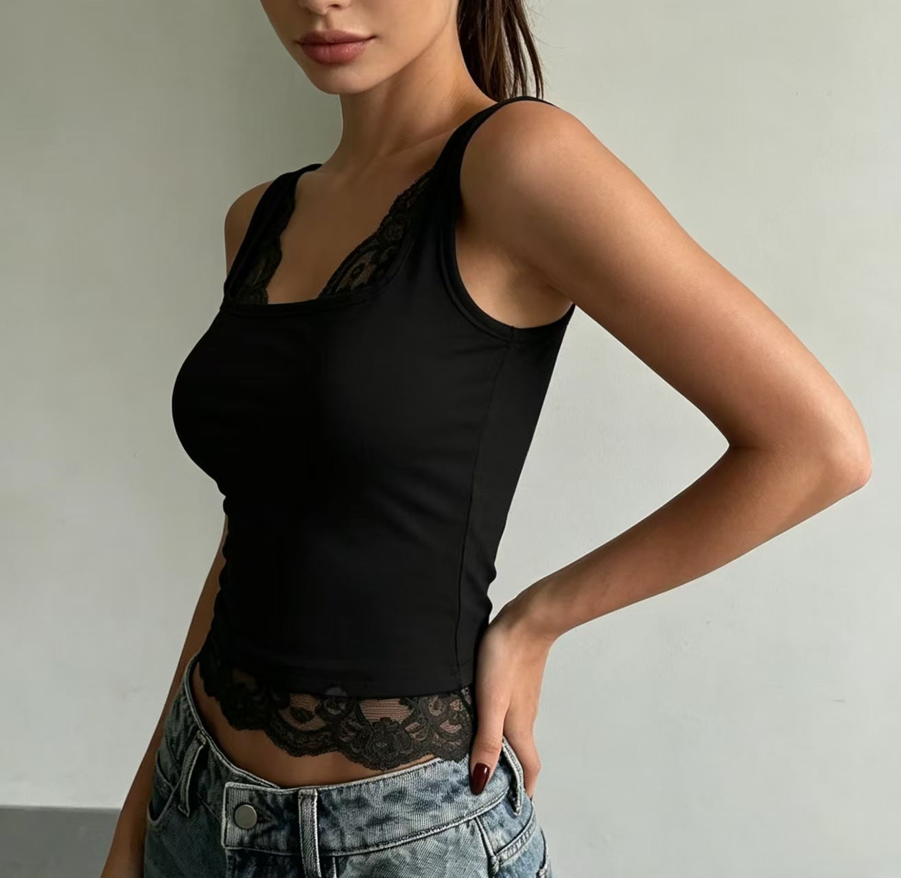Black Lace Sleeveless Top Square Neck Abstract Street Fashion For Women Casual