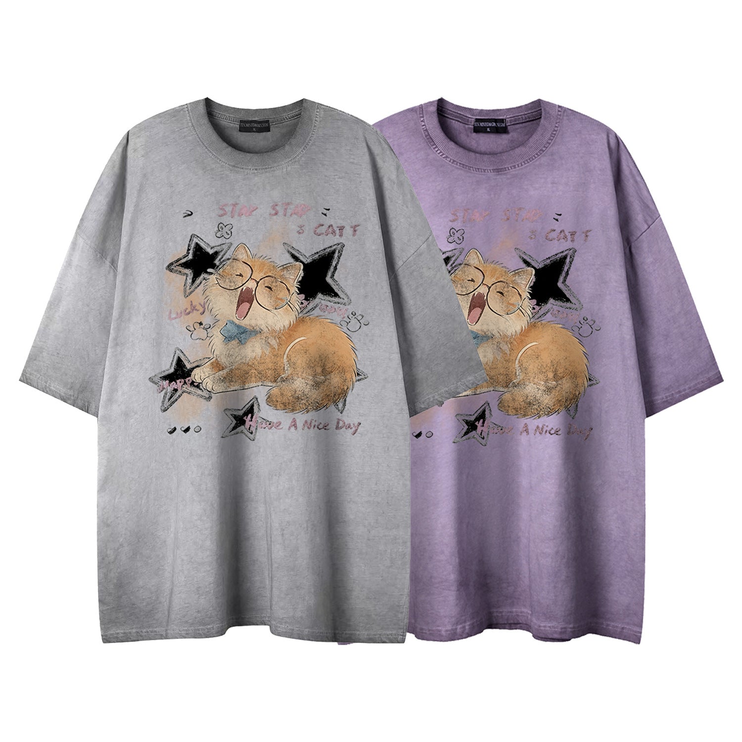 Soft Orange Cat Print Tee Loose Fit Short Sleeve Cotton Blend