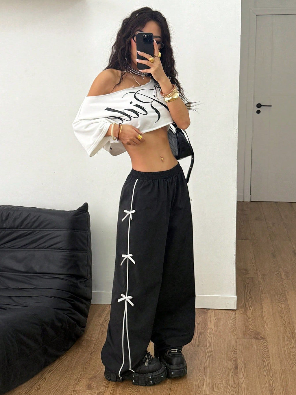 Women Elastic Waist Straight Leg Pants Black Polyester Casual Wear