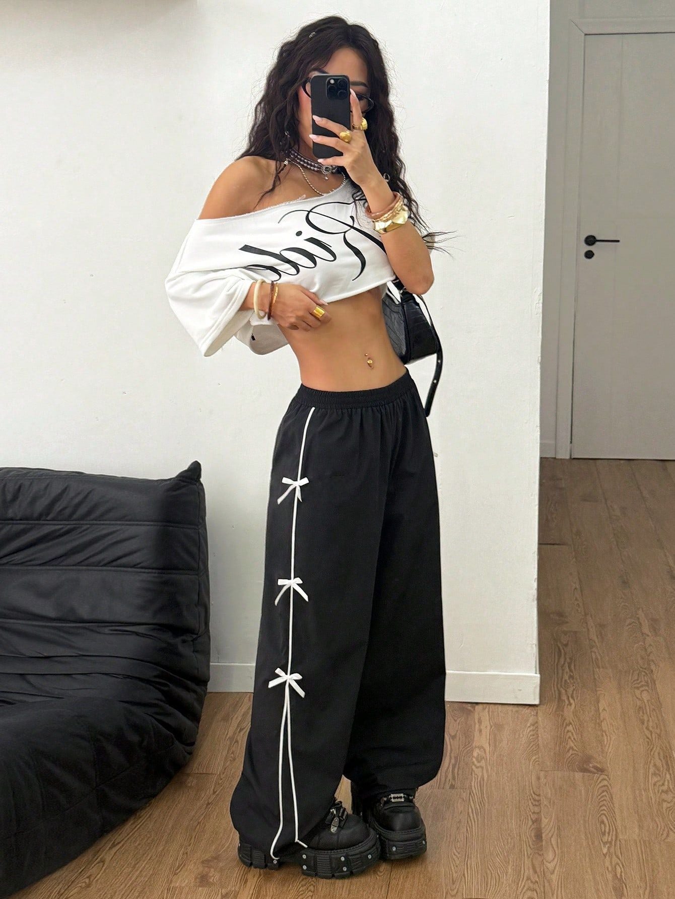 Women Elastic Waist Straight Leg Pants Black Polyester Casual Wear