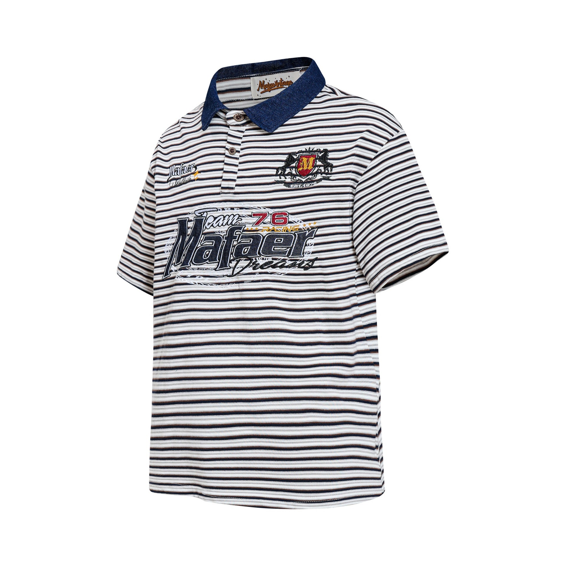 Blue Floral Emblem Embroidered Stripe Short Sleeve Cotton Shirt