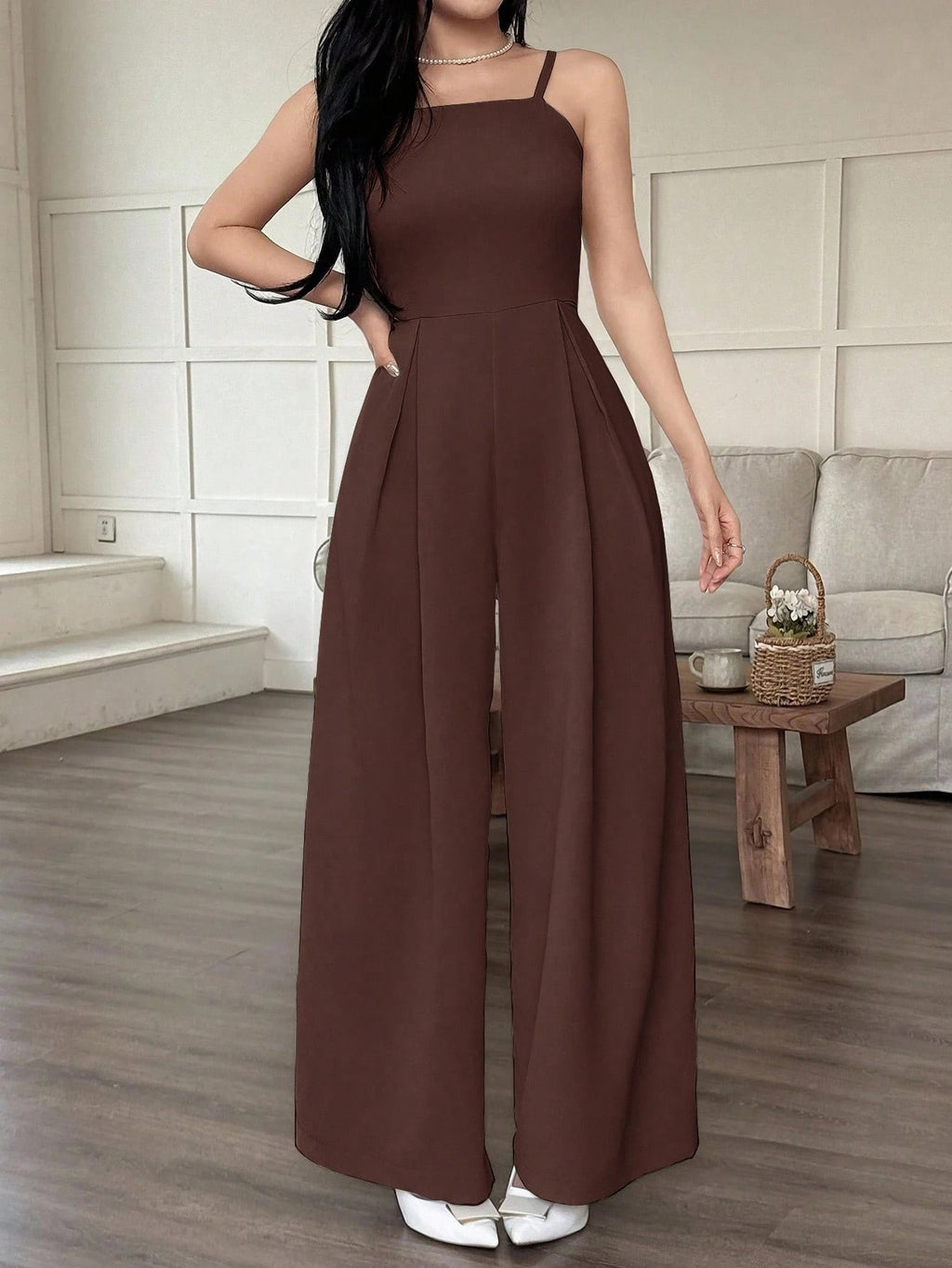 Relaxed Sleeveless Jumpsuit Polyester Solid Color Black And Coffee