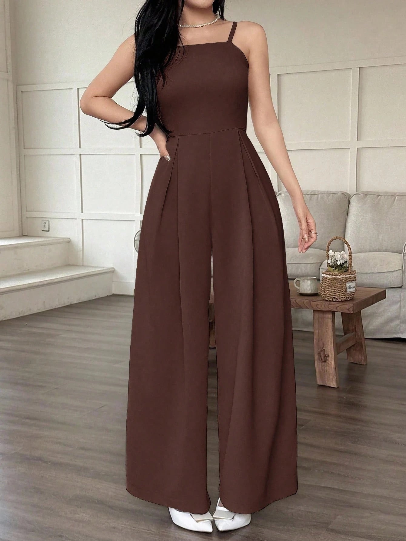 Relaxed Sleeveless Jumpsuit Polyester Solid Color Black And Coffee