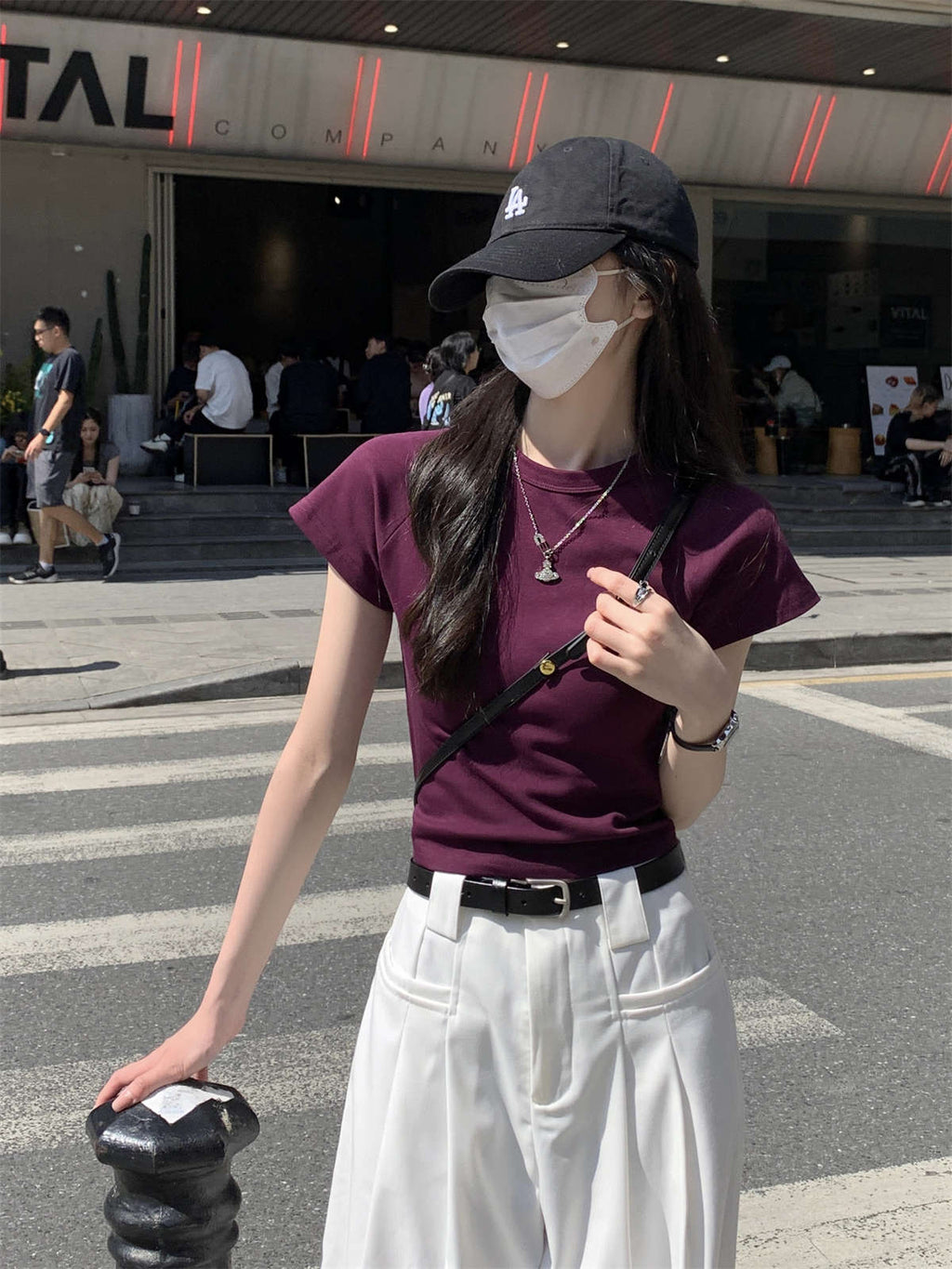 Korean Style Raglan Sleeve Crop Top For Women Slim Fit Short Cotton Blend