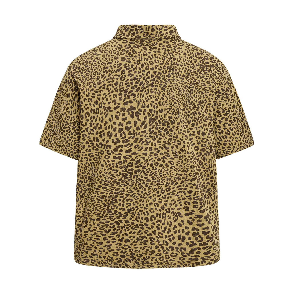 Leopard Print Badge Embroidered Short Sleeve Shirt For Men Cotton Blend Casual