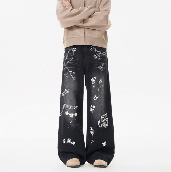 Vintage Graffiti Denim Pants Loose Fit Hip Hop Style