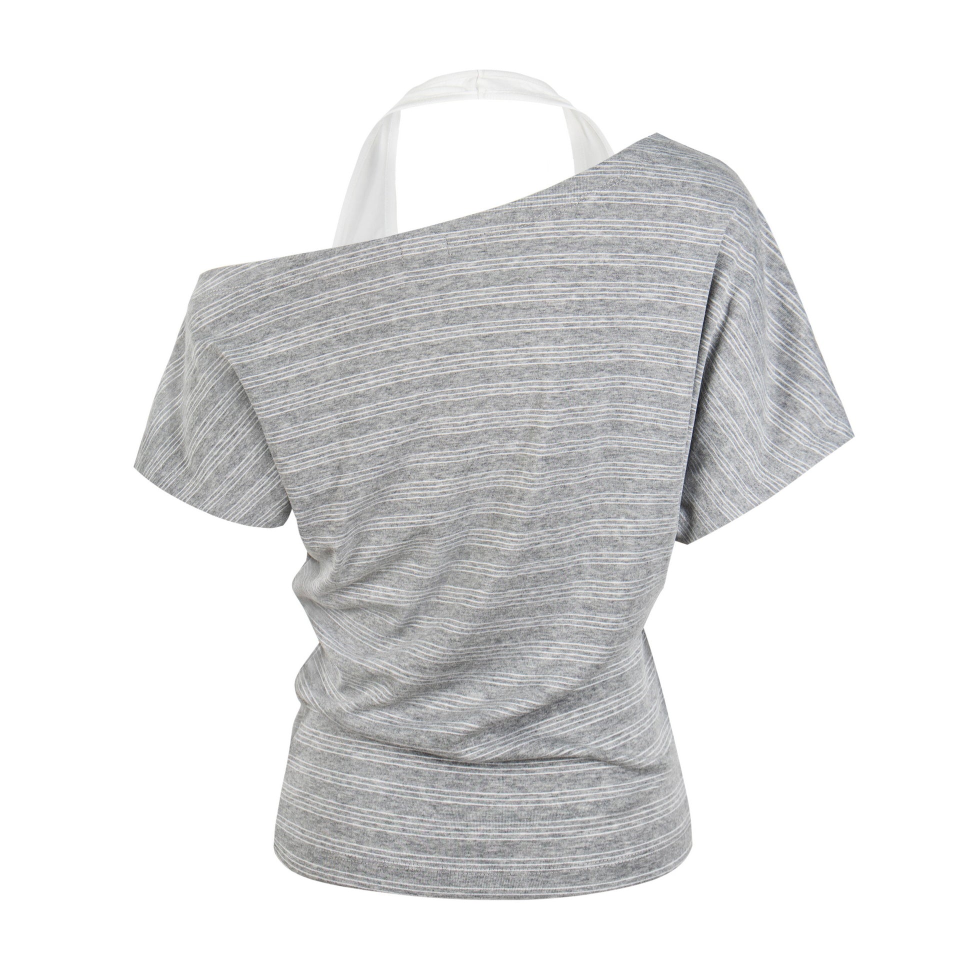 Cotton Blend Halter Neck Striped Asymmetrical Off Shoulder Cropped Top