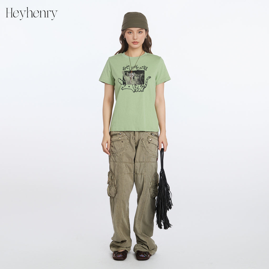 Cat Print Round Neck T Shirt For Women Loose Fit Short Sleeve Cotton