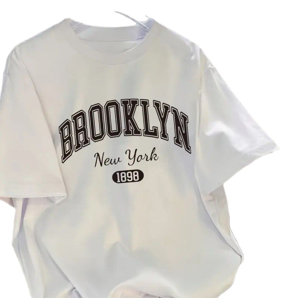 Letter Print Short Sleeve Cotton T Shirt For Women Loose Fit White