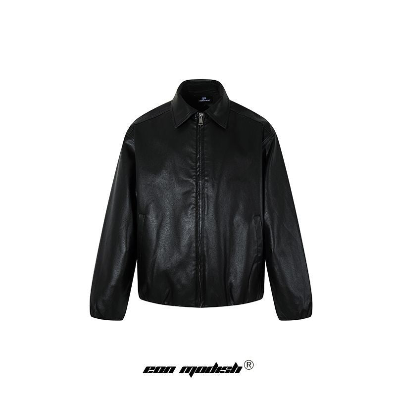 Urban Street Style Loose Fit Jacket With Flip Collar Black Long Sleeve