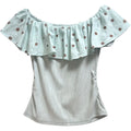 Polka Dot Off Shoulder Ruffle Trim Short Sleeve Top Women Green Summer