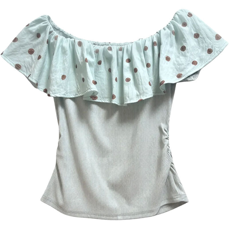 Polka Dot Off Shoulder Ruffle Trim Short Sleeve Top Women Green Summer