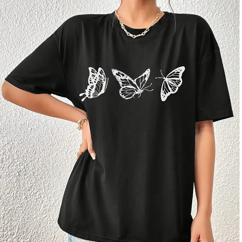 Butterfly Print Round Neck Cotton Unisex Casual T Shirt Black Loose Fit