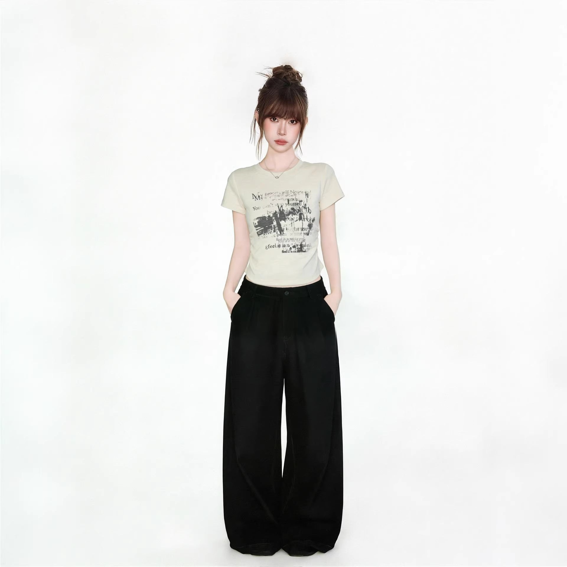 Khaki Round Neck Short Sleeve Printed T Shirt For Women With Gathered Waist