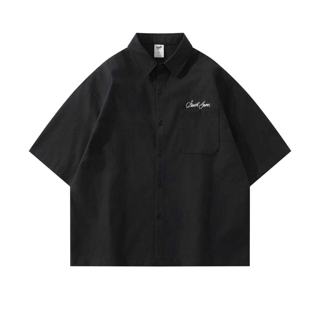 Embroidered Front And Back Letters Mens Short Sleeve Cotton Shirt Casual