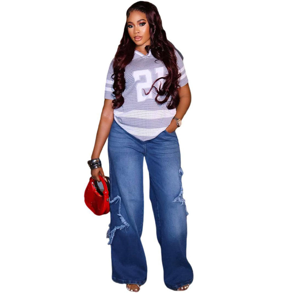 Casual Embroidered Loose Blue Denim Jeans For Women With 3D Pattern