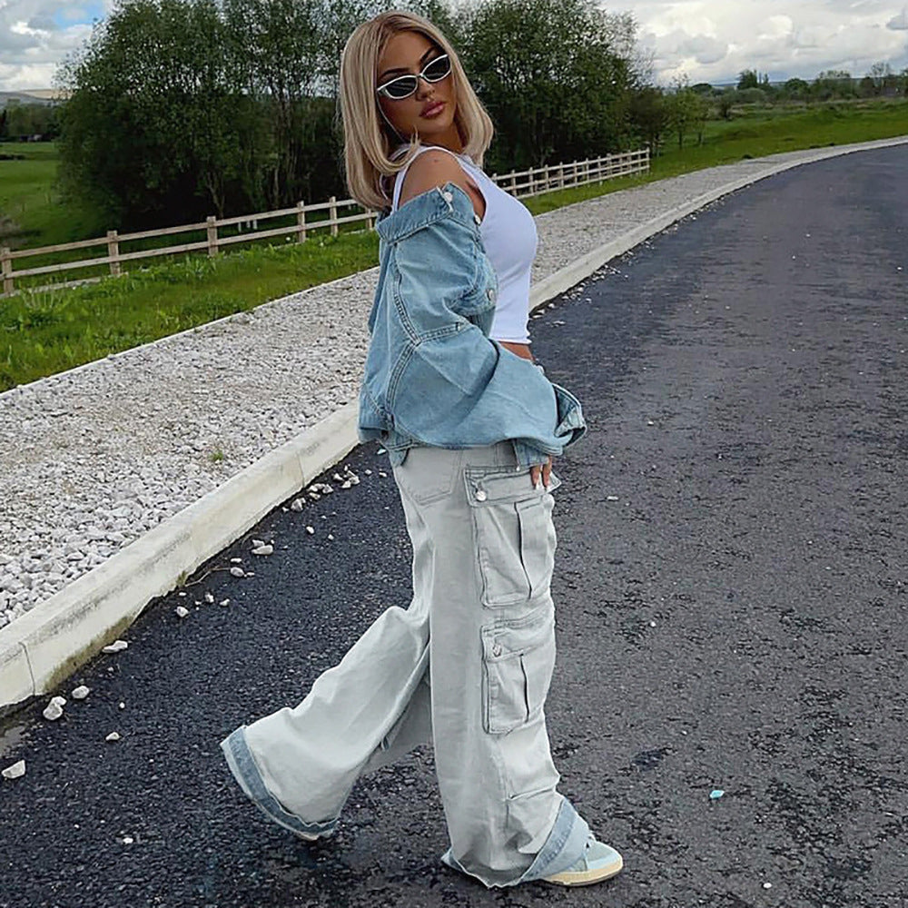 Straight Leg Cargo Denim Jeans For Women, Vintage Multi Pocket Floor Length
