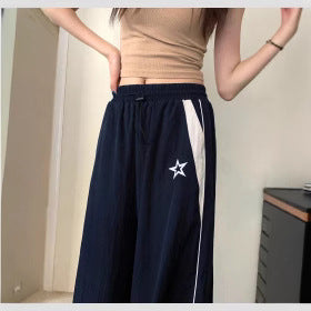 Loose High Waisted Drawstring Long Pants for Women Color Block Casual Wear