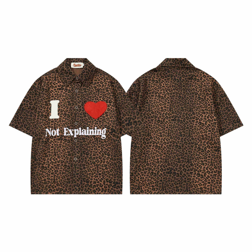 Leopard Print Heart Embroidered Short Sleeve Cotton Shirt