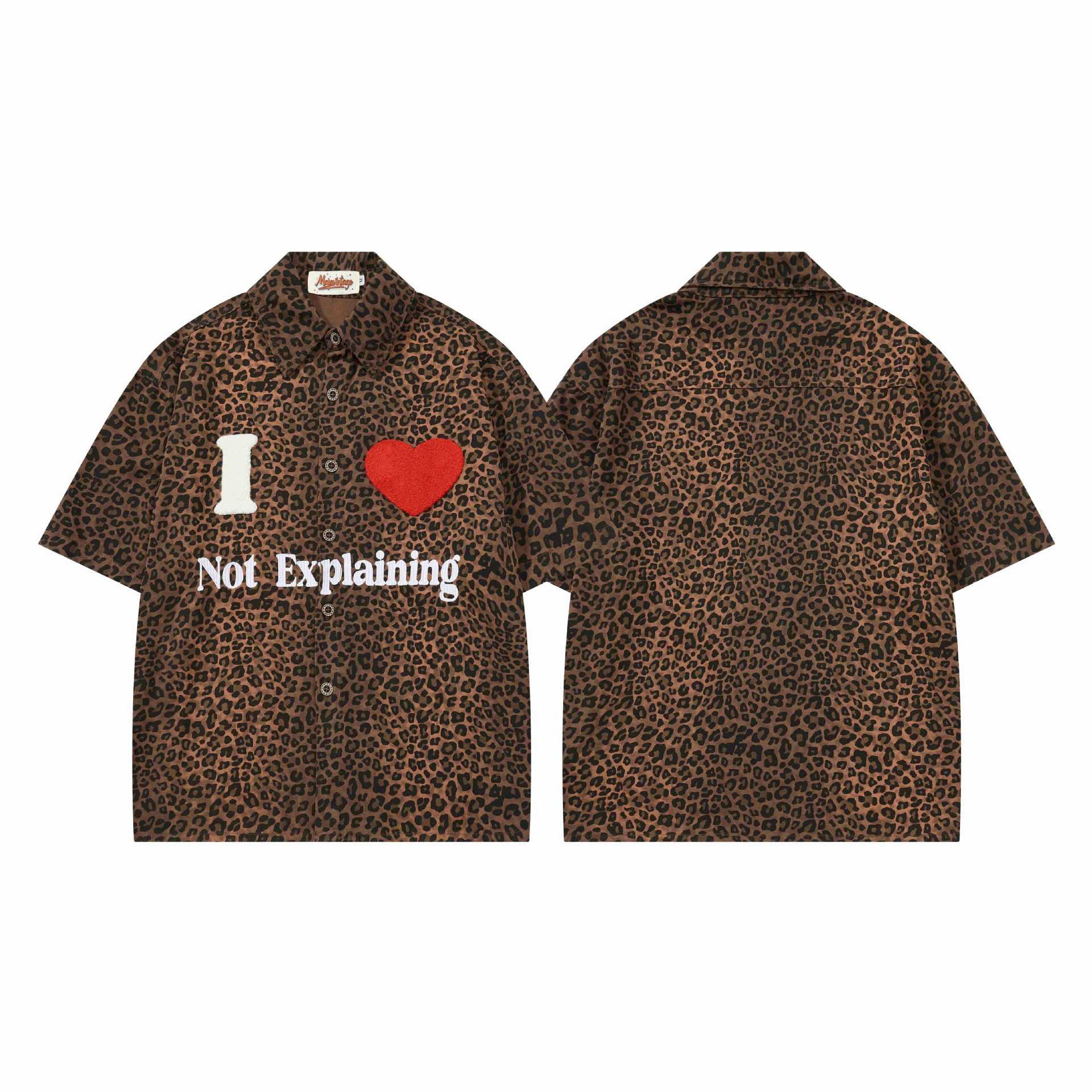 Leopard Print Heart Embroidered Short Sleeve Cotton Shirt