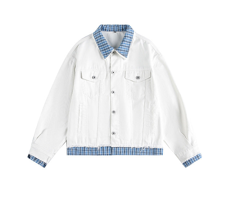 Street Style Plaid Spliced Cotton Jacket For Autumn Loose Fit Fashion