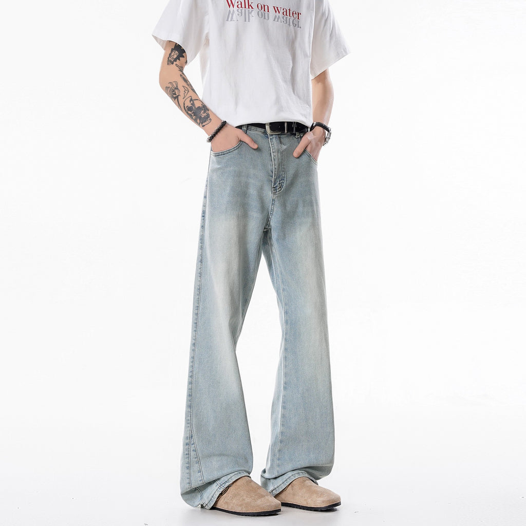 Slim Fit Straight Leg Denim Jeans For Men Washed Cotton Zipper Fly