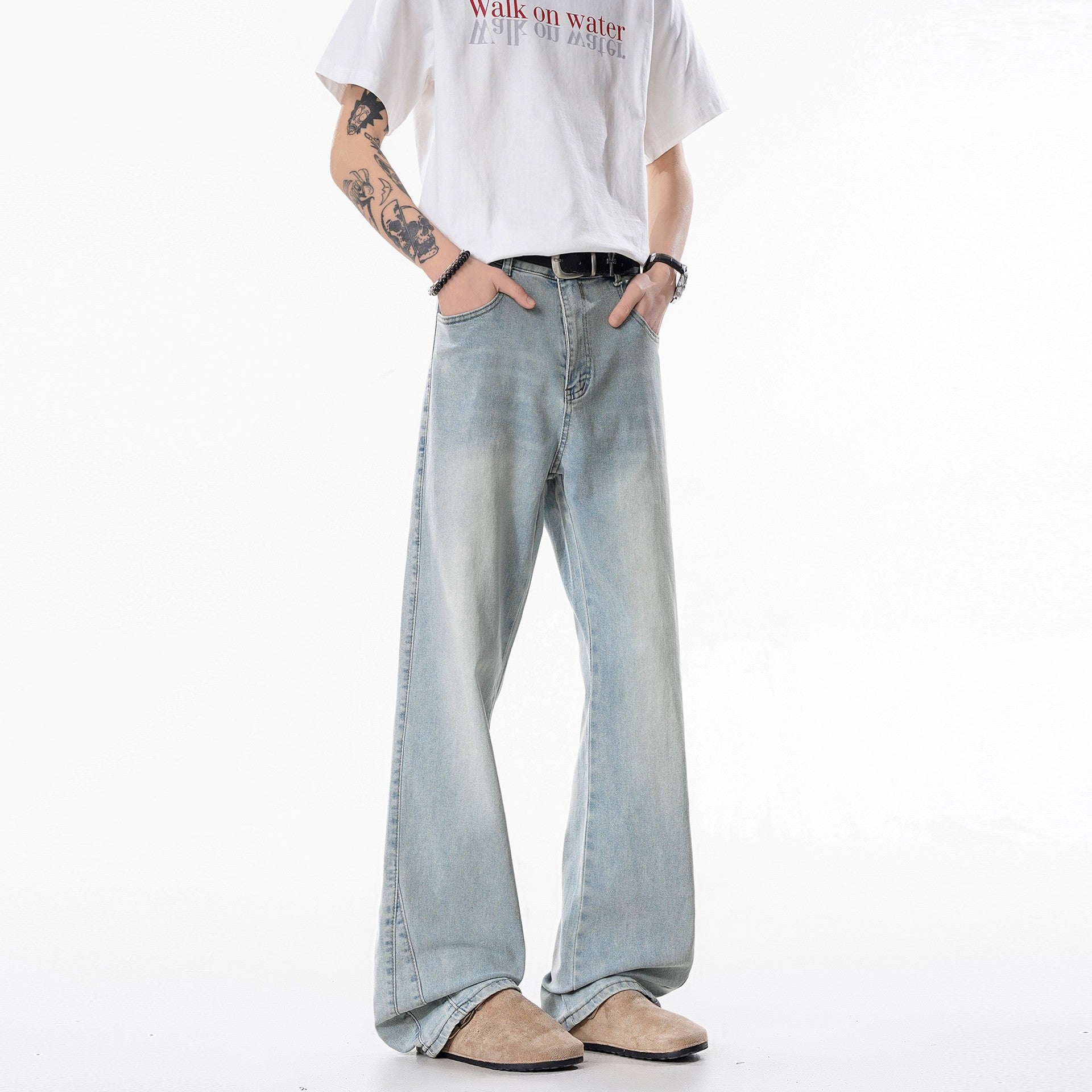 Slim Fit Straight Leg Denim Jeans For Men Washed Cotton Zipper Fly