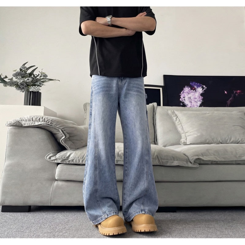 Mens Wide Leg Denim Jeans Loose Fit Cotton High Street Style Black Blue