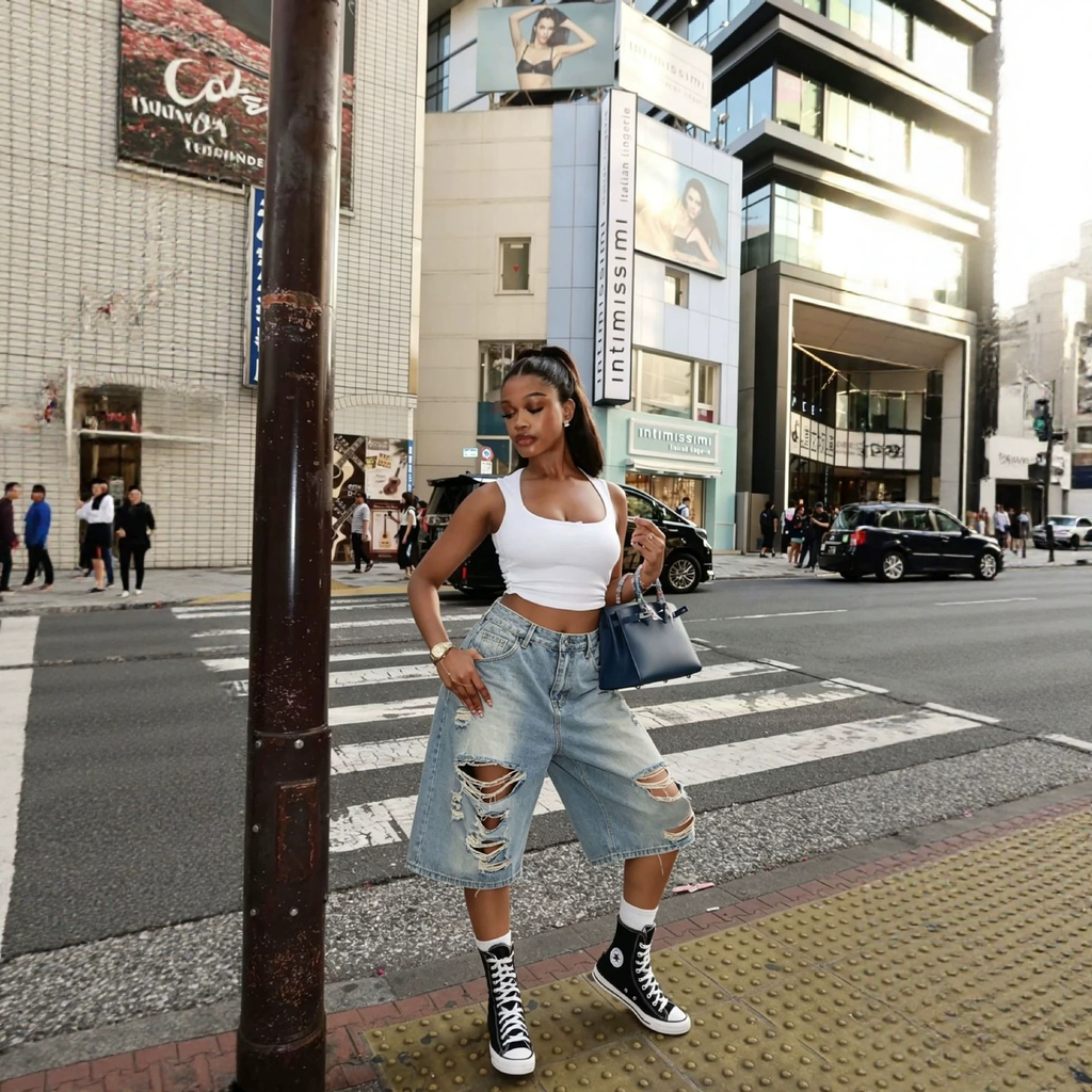 Street Style Bleached Denim Distressed Cutoff Shorts Mid Rise Loose Fit