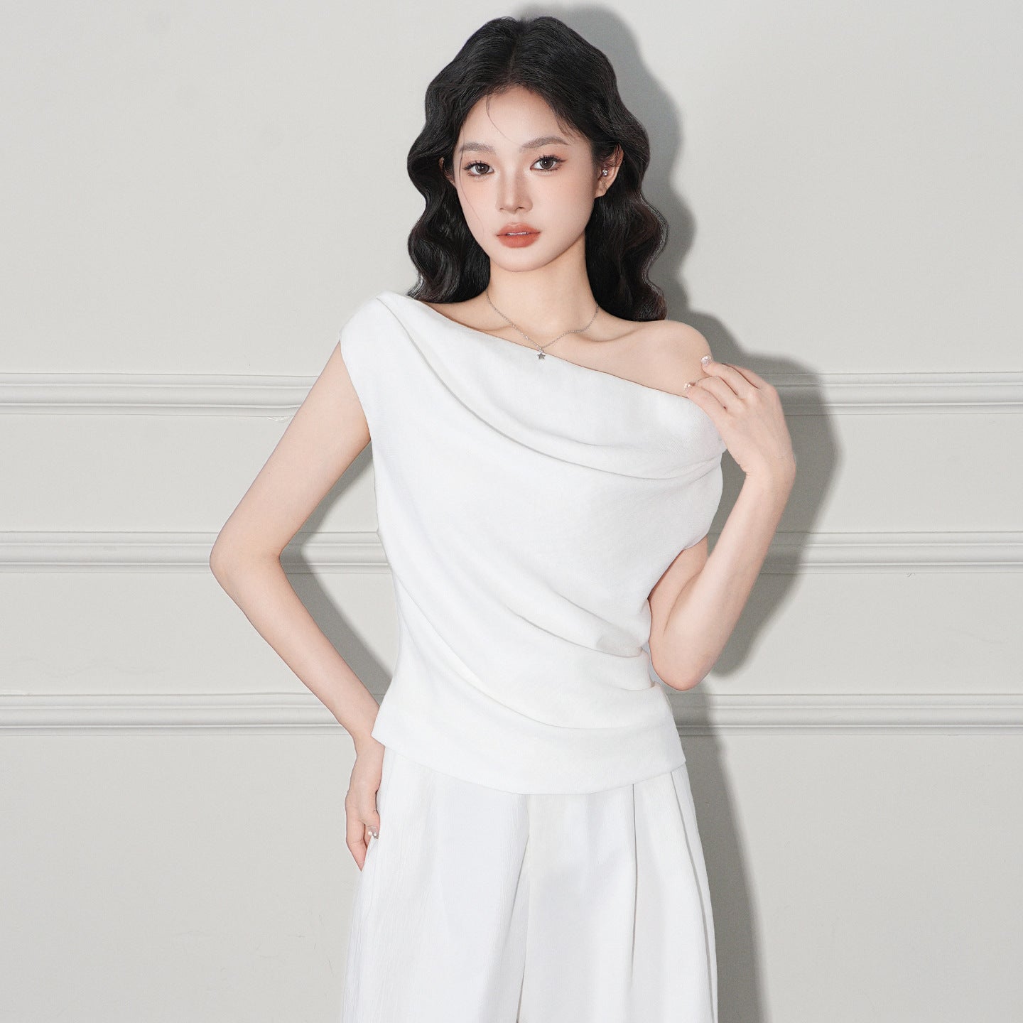 One Shoulder Sleeveless T Shirt for Women Slim Fit Casual Top White