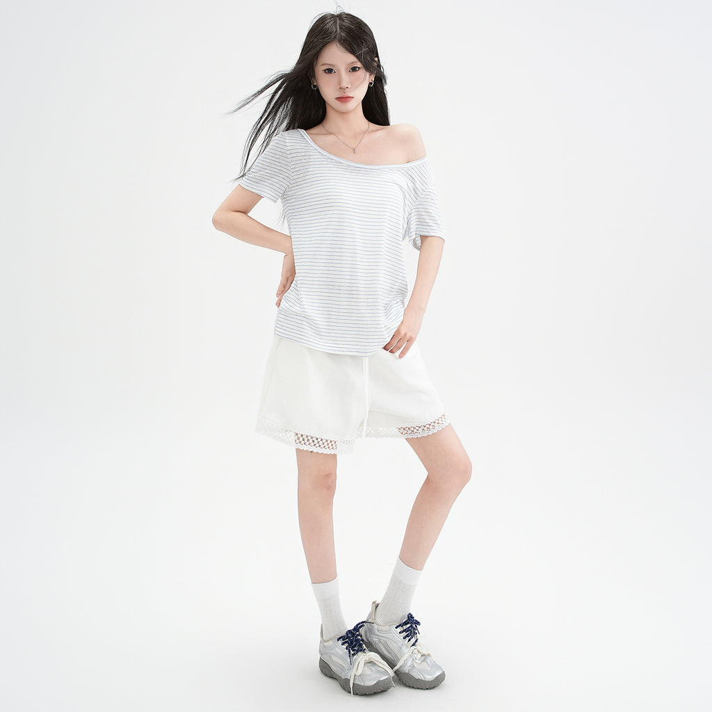 Blue and White Striped Off Shoulder Short Sleeve T Shirt for Women