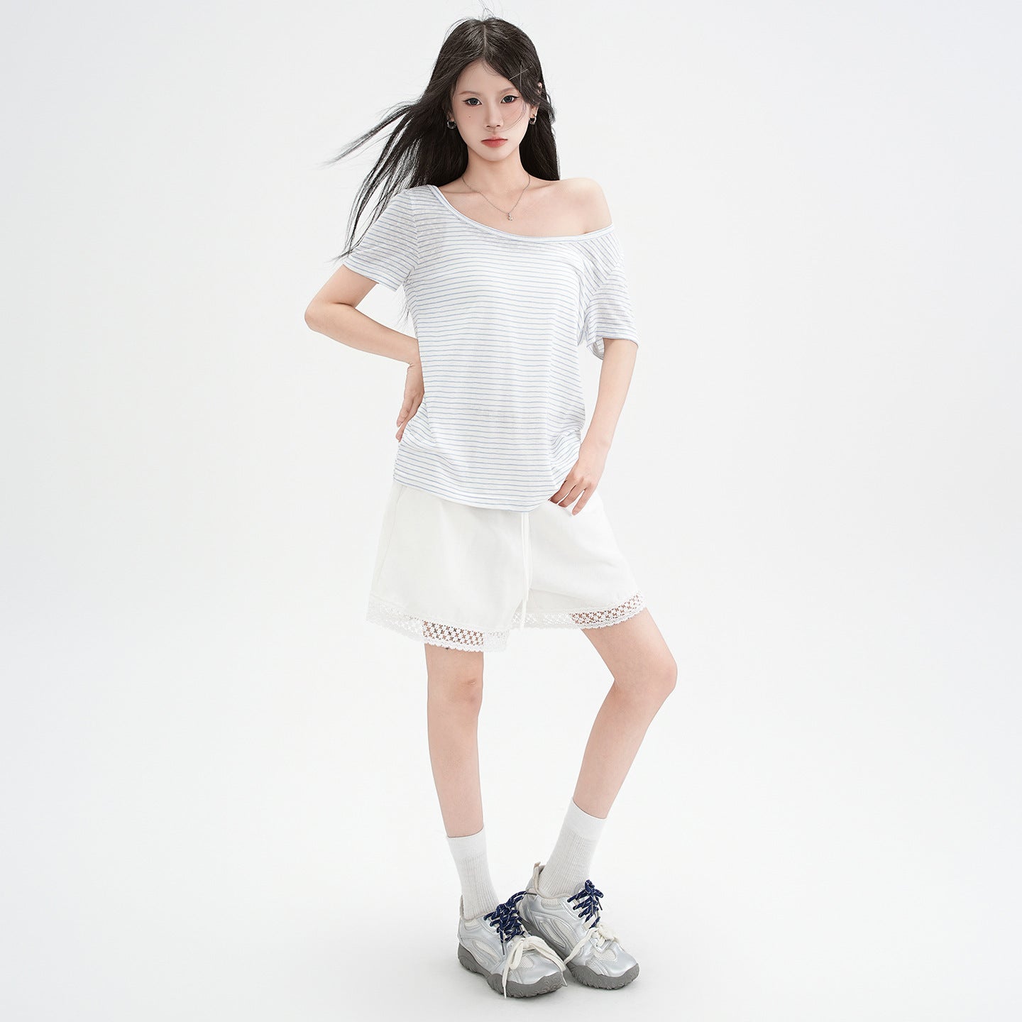 Blue and White Striped Off Shoulder Short Sleeve T Shirt for Women