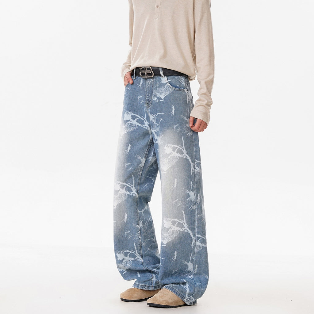 Deep Blue Denim Pants For Men Streetwear Flared Knife Cut Trousers