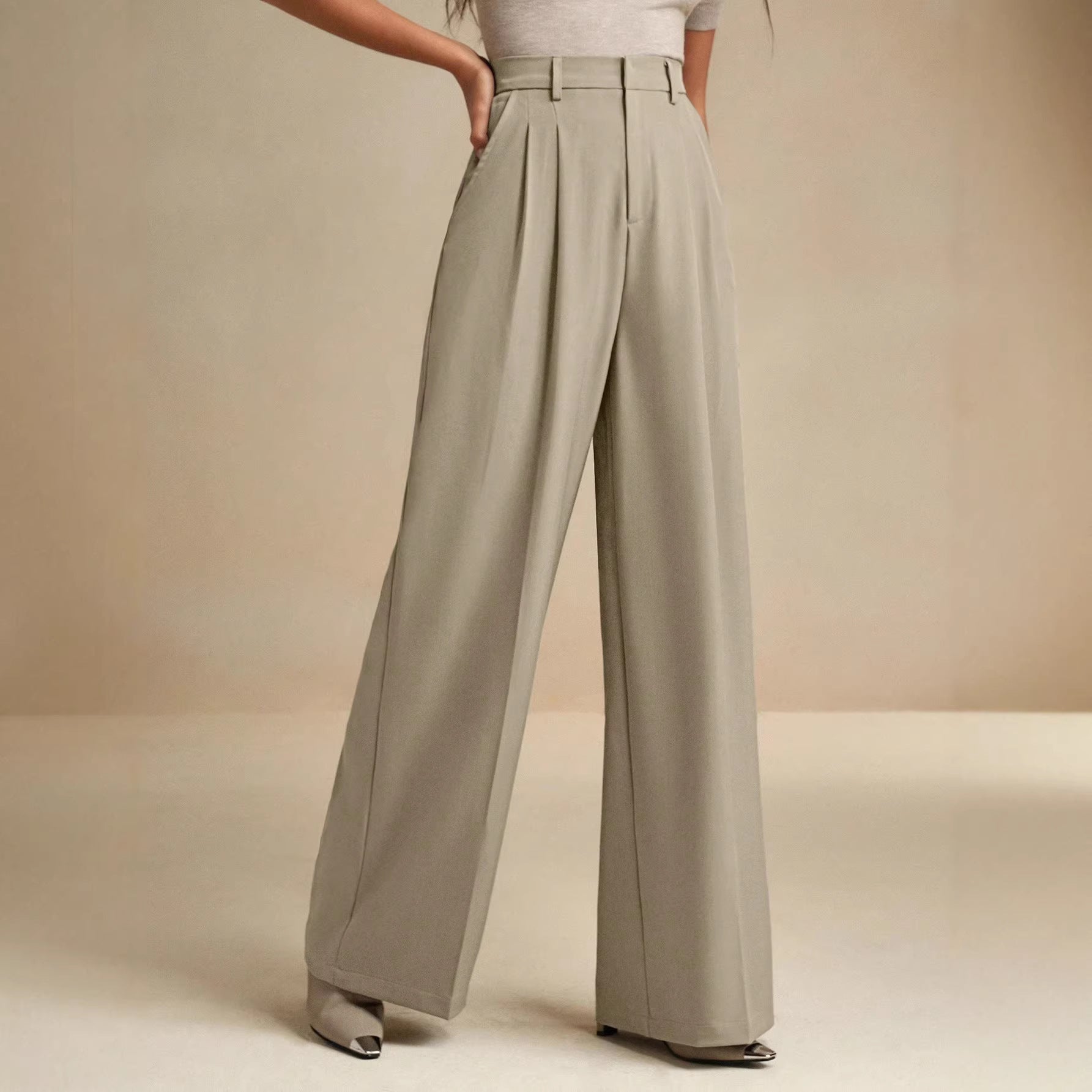 Women Loose Straight Leg Suit Pants Mid Waist Polyester Casual Wear