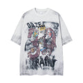 Vintage Graffiti Badge Short Sleeve Tee With Fragmented Flower Pattern