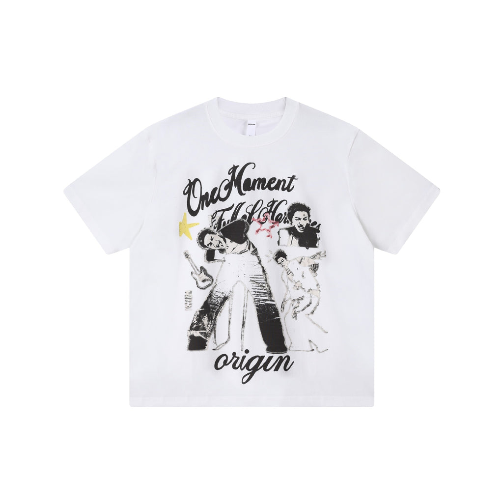 Rock Portrait Printed Short Sleeve Cotton Blend T Shirt With Flower Pattern