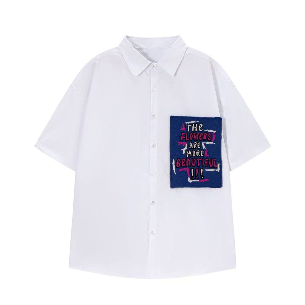 Embroidered Checkered Short Sleeve Shirt for Men Casual Polyester