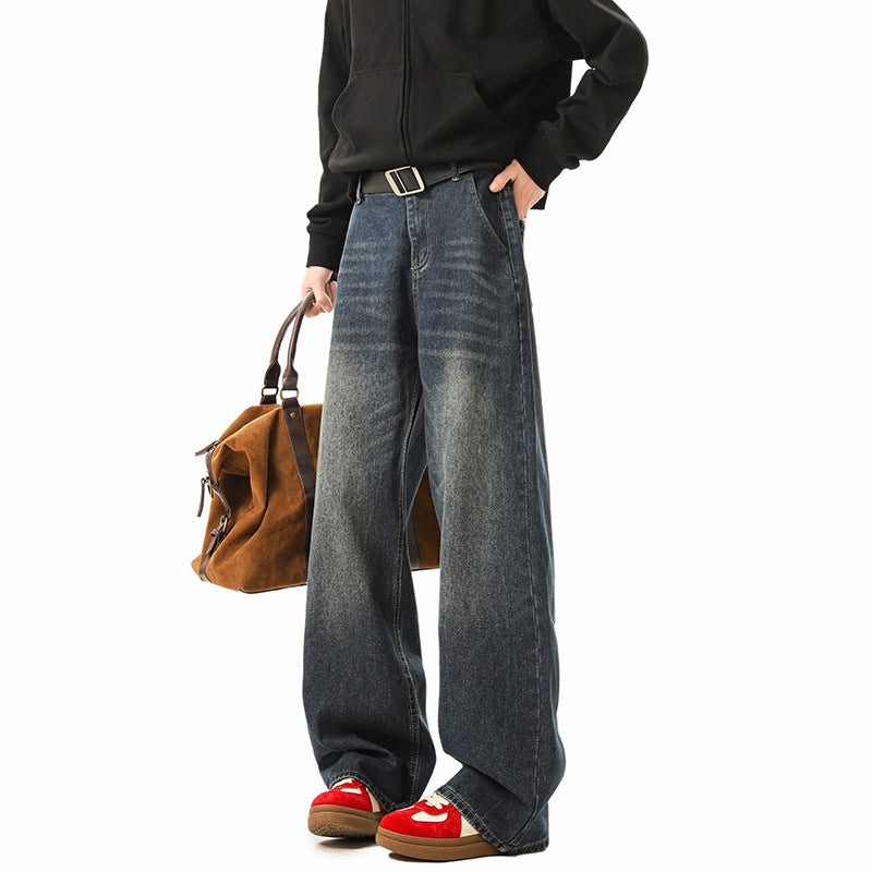 Men Retro Blue Straight Leg Jeans Loose Fit Vintage Streetwear Style