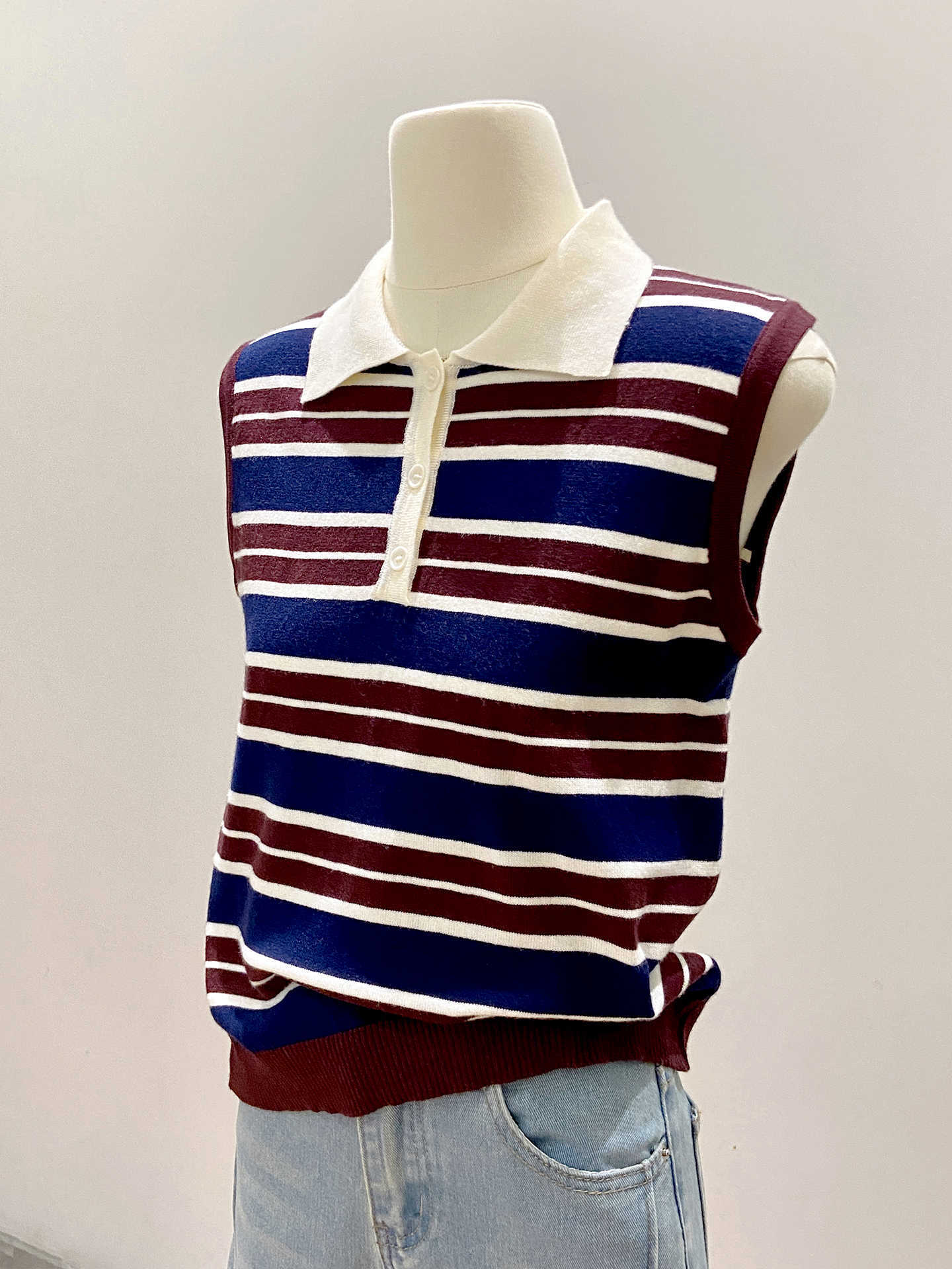 Color Block Stripe Knit Vest For Women Red Blue Sleeveless Office Wear