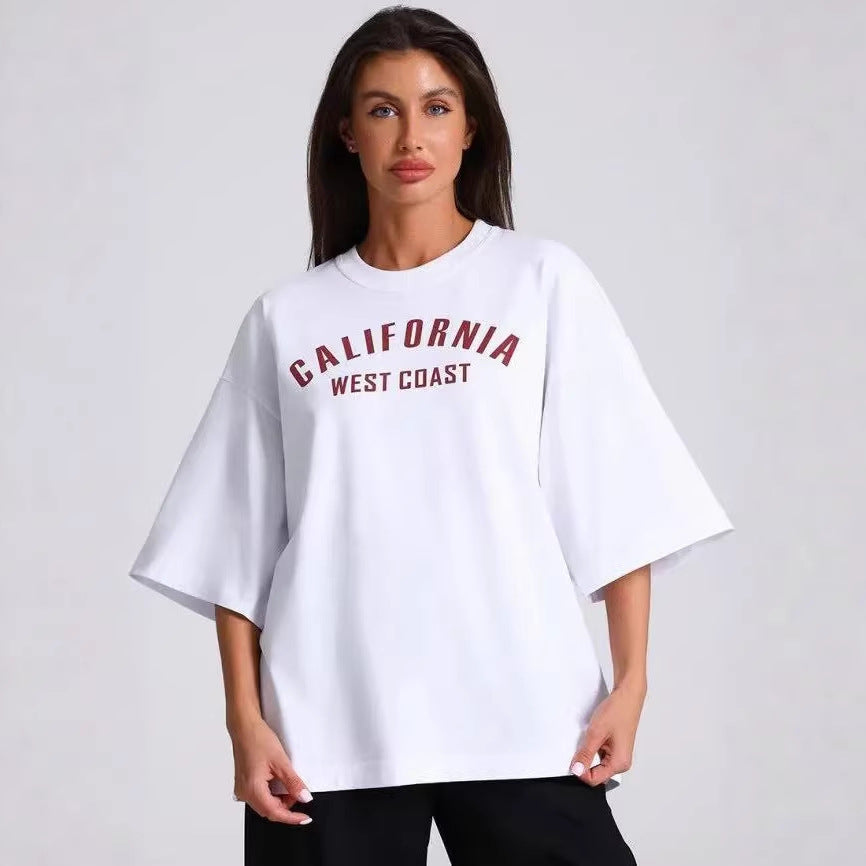 Letter Pattern Loose Fit Short Sleeve T Shirt For Women Cotton White