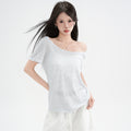 Blue and White Striped Off Shoulder Short Sleeve T Shirt for Women