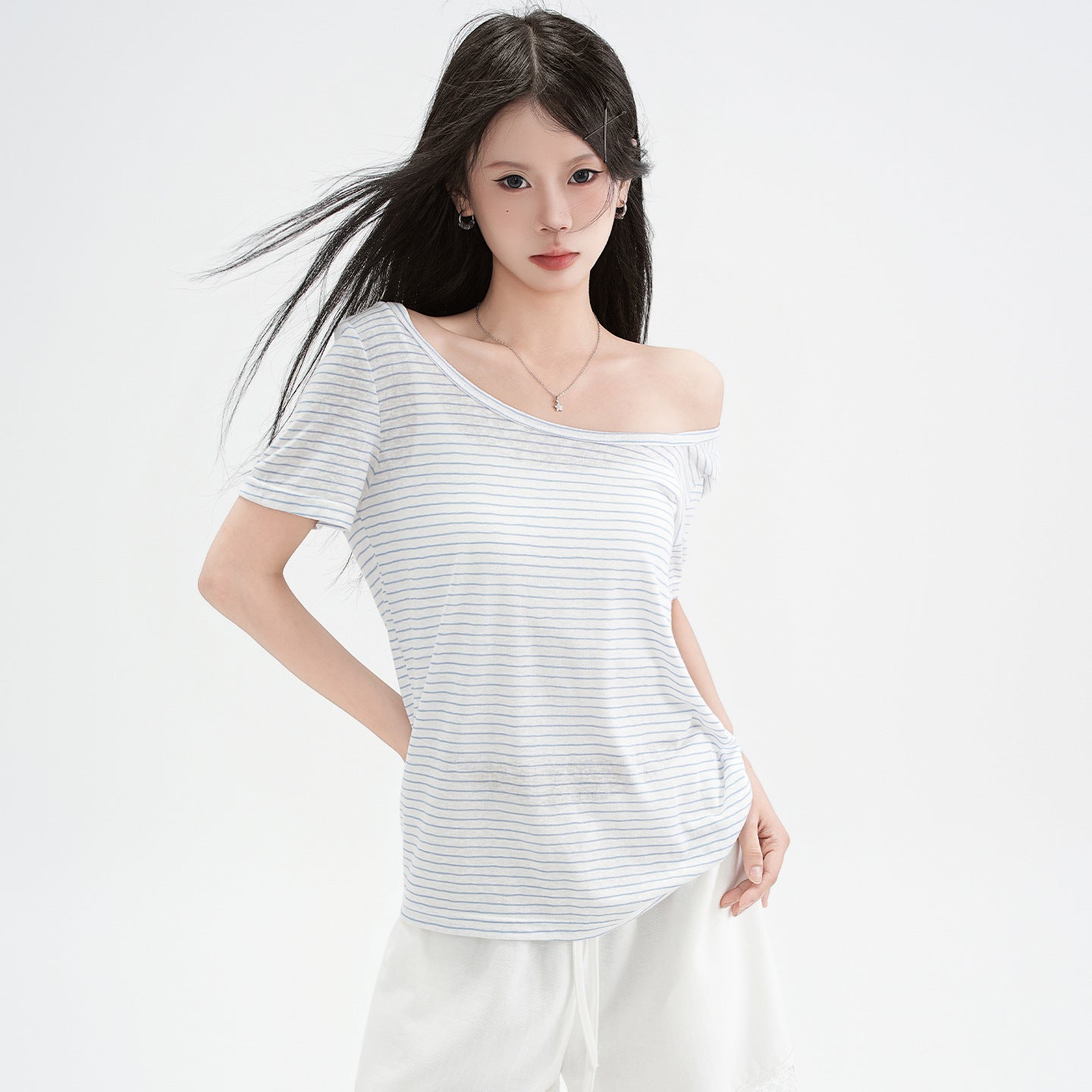 Blue and White Striped Off Shoulder Short Sleeve T Shirt for Women