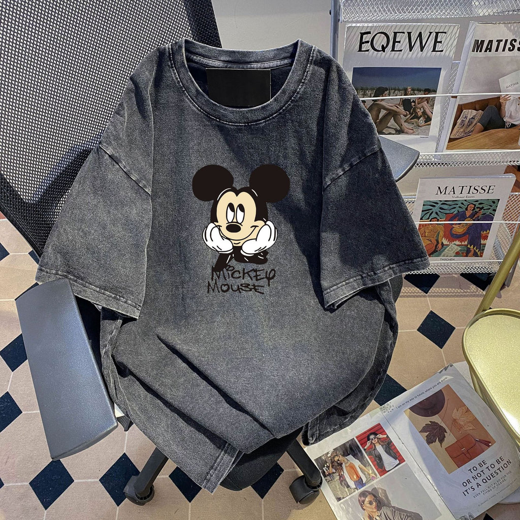 Black Cotton Round Neck Short Sleeve Printed T Shirt for Women Japanese Korean
