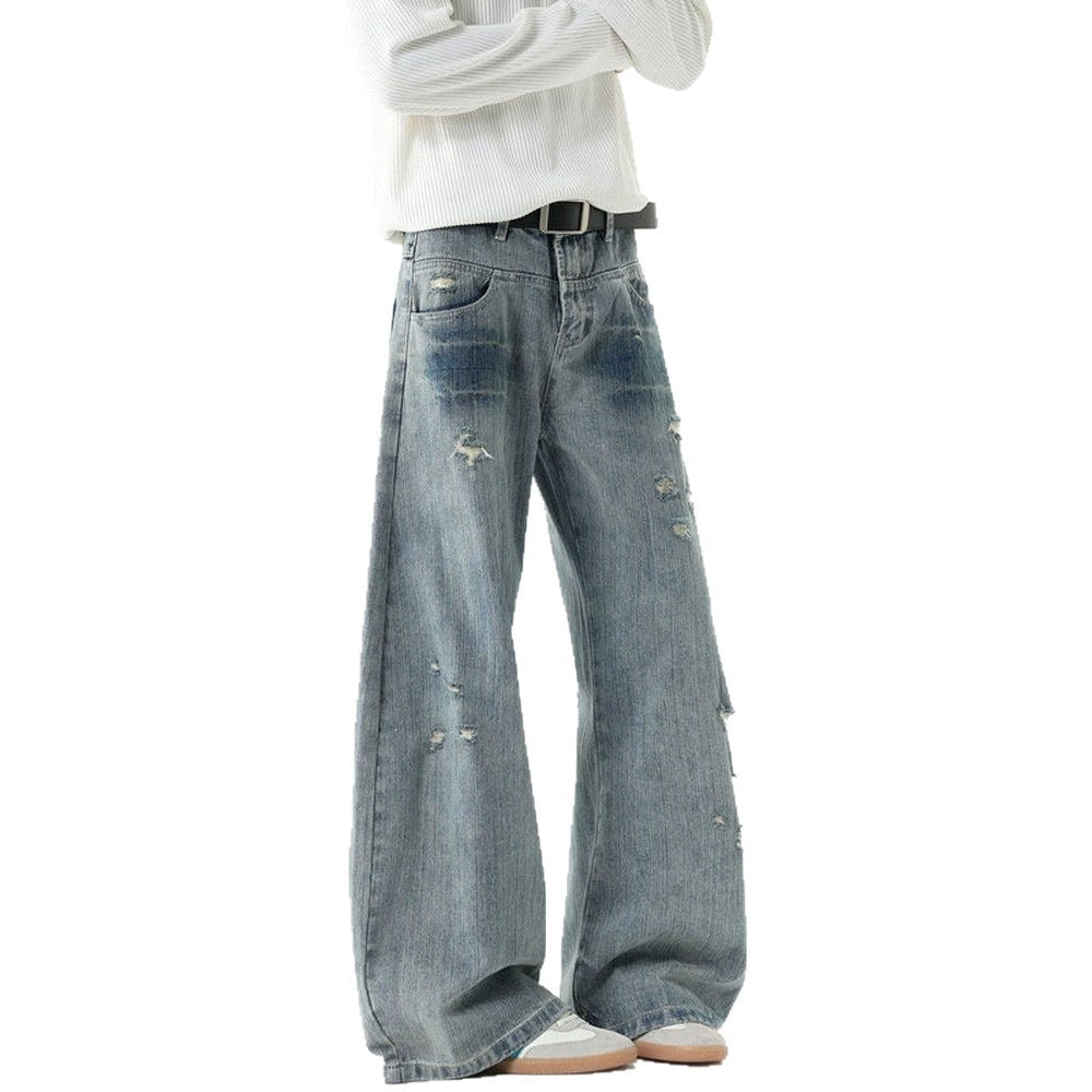 Blue Bamboo Texture Distressed Washed Jeans Oversized Tapered Straight Leg