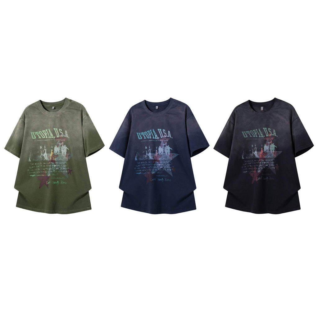 Gradient Star Print Short Sleeve Shirt Cotton Blend Loose Fit