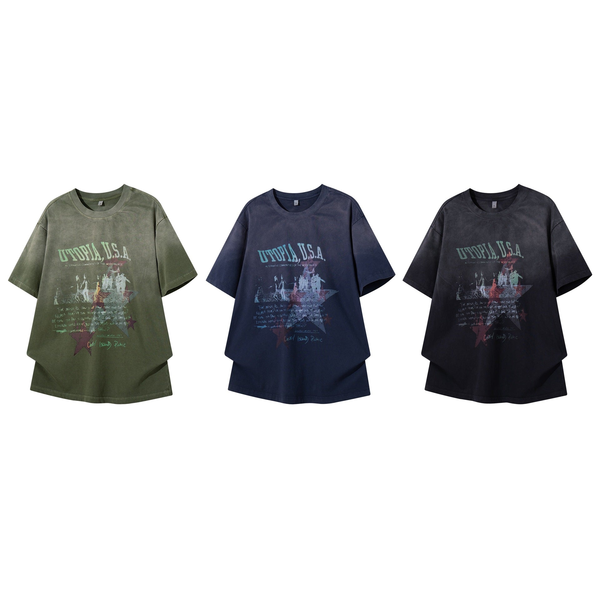 Gradient Star Print Short Sleeve Shirt Cotton Blend Loose Fit