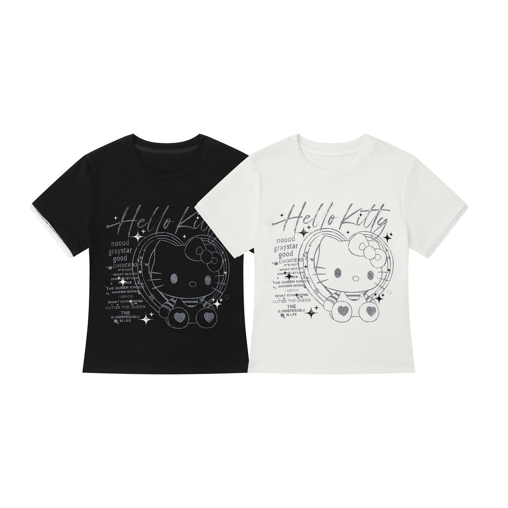 Glitter Print Hooded Crop Top Tee for Women with Lace Cuff