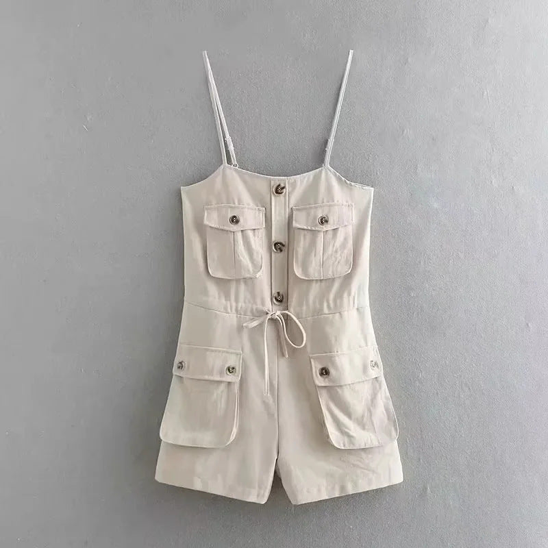 Apricot Sleeveless High Waist Wide Leg Shorts With Three Dimensional Pocket