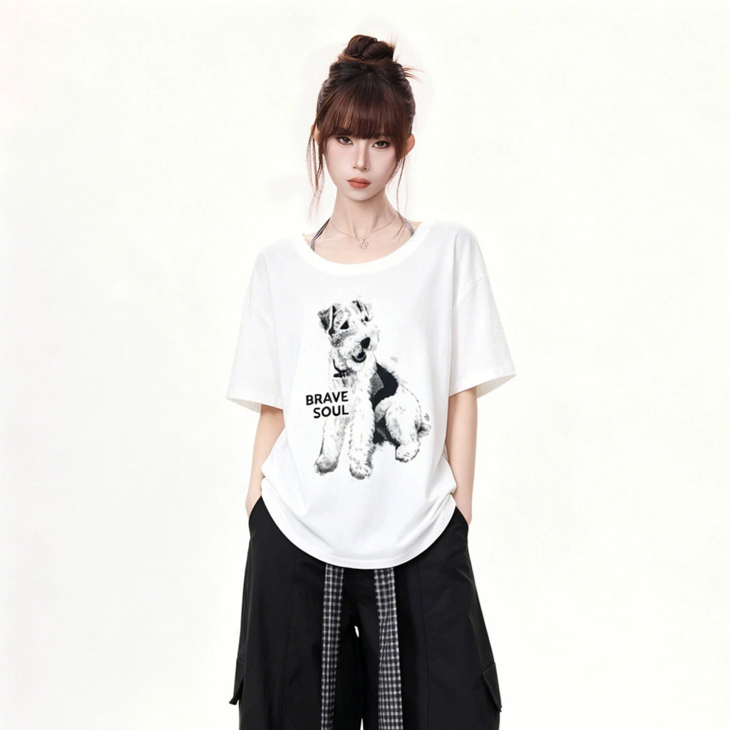 Women Loose Off Shoulder Top Animal Print Short Sleeve Cotton Spandex