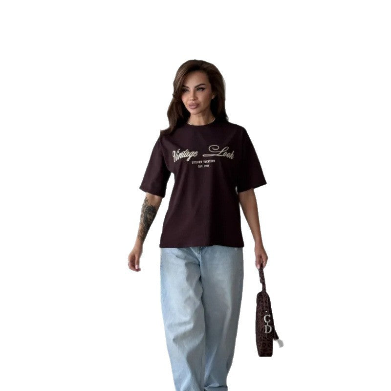 White Letter Print Round Neck Loose Fit T Shirt Unisex Cotton Casual